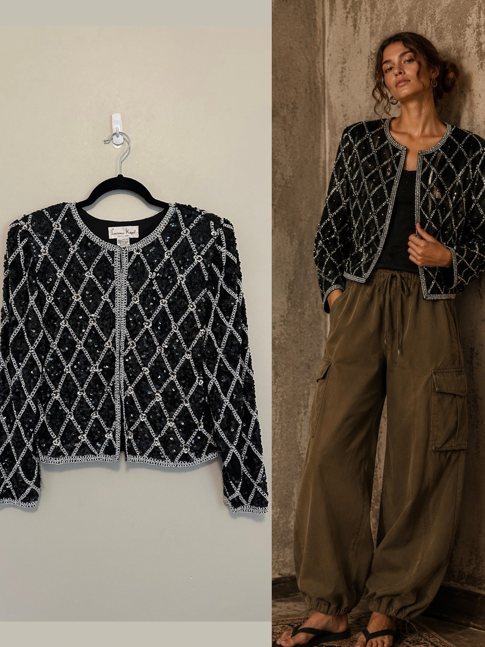 Vintage Laurence Kazar Silk Sequin Jacket SM Art Deco Black Silver 90s Glamour
